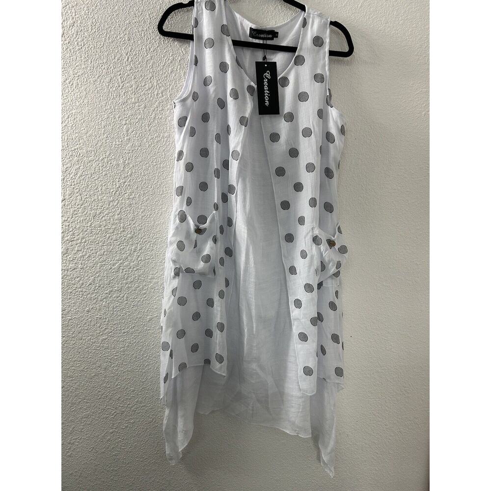 Creation Womens Tunic Dress Size S Gray Polka Dot White Layered Gauzy‎ Lagenlook